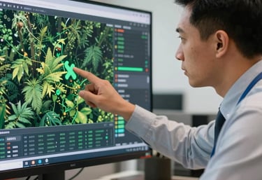 A professional Southeast Asian expert pointing at a digital screen showing forest cover data and carbon charts, professional office environment, focused on accuracy.