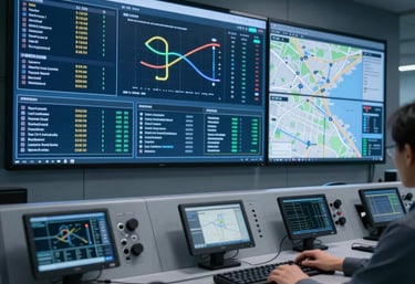 A high-tech control room with digital dashboard screens showing real-time logistics data and maps, professional and futuristic atmosphere, navy blue and slate blue lighting.