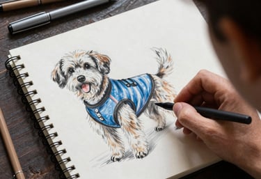  Boceto de colores realista de un perrito pequeño y peludo con un chaleco