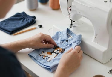 Una persona utiliza una máquina de coser blanca para coser un a camisa de perrito