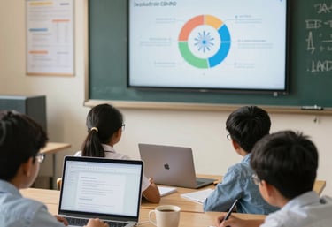 An educationist passionately mentoring a group of students in a bright classroom.