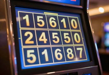 Close-up of a high-resolution slot machine screen with glowing golden jackpot numbers, blurred elegant casino background with warm and deep blue lighting.