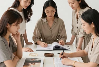 A group of happy distributors sharing products and smiling together in a bright room.