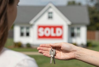 A friendly mortgage broker sitting with a young couple, reviewing home loan options in a cozy office.