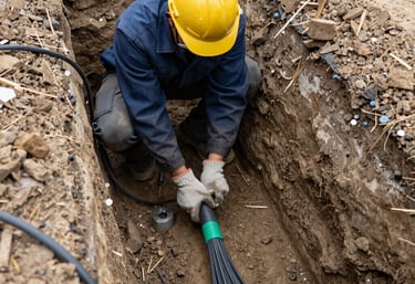 Workers laying fiber optic cables along a city street with safety gear.