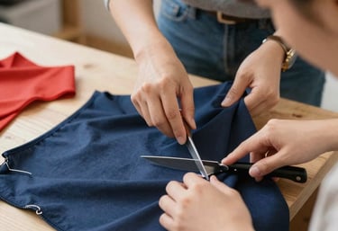 Dos diseñadores de moda utilizan tijeras de tela para cortar cuidadosamente.