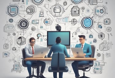 Team collaborating in a modern office with digital screens displaying code and designs.