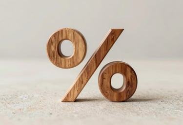 A minimalist graphic of a percentage sign crafted from polished wood on a light stone surface, sophisticated and clear.