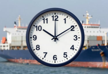 A high-precision analog clock layered over a blurry image of a cargo ship and trucks, symbolizing the critical nature of on-time delivery. Palette includes #0B1B2B and #F3F7FA.