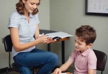 Therapist engaging warmly with a child during a therapy session in a bright, welcoming space.