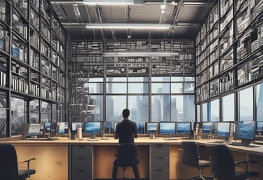 A dynamic team collaborating over blueprints and digital screens in a modern workspace.