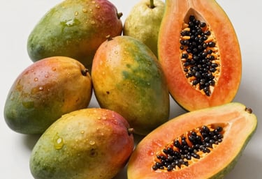 A vibrant composition of seasonal South American fruits including mangoes, papayas, and guavas arranged artistically in a clean, bright setting.