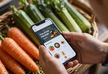 Action shot of a person managing a social media account on a smartphone next to a basket of freshly harvested Portuguese vegetables. Warm, authentic daylight.