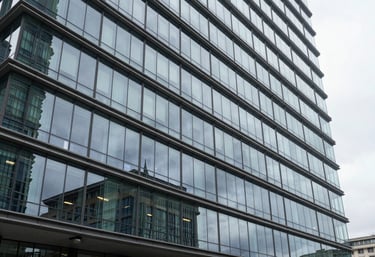 An architectural shot of a modern business center in Portugal, featuring glass facades and clean lines, reflecting unwavering professionalism.