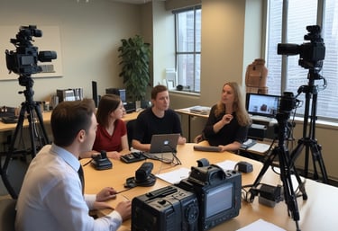 A professional meeting setting with people discussing branding materials.