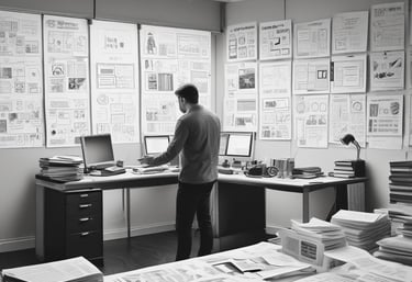 A professional meeting setting with people discussing branding materials.