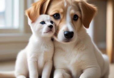 A golden long-haired dog and a cream-colored cat sitting together on a teal sofa.