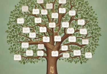 Stacks of documents and a computer screen showing genealogy charts.