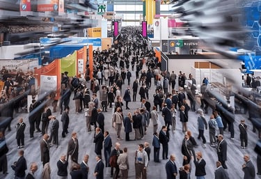 Crowded exhibition hall at a major trade show.