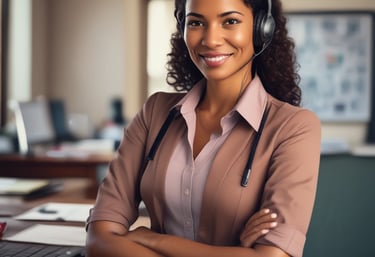 Customer service representative assisting a driver via headset in a modern office.