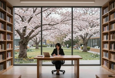 A wide photography shot of a modern, minimalist library with large windows showing a garden of blooming cherry trees. A single professional sits at a clean wooden table. Soft, elegant, and peaceful atmosphere. International / English-speaking professional context.
