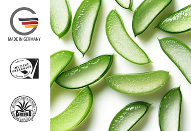 Freshly sliced organic aloe vera leaves on a white background with German quality certification seals.