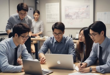 A friendly team of developers brainstorming around a table with laptops and sketches.