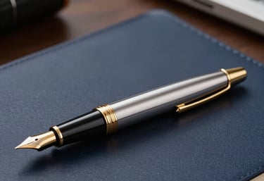 A sleek, gold-accented fountain pen resting on a dark navy blue executive desk. Professional and high-end atmosphere.