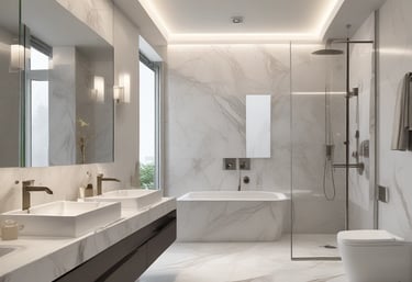 Modern luxury master bathroom featuring marble tiles, a double vanity, and a walk-in glass shower 