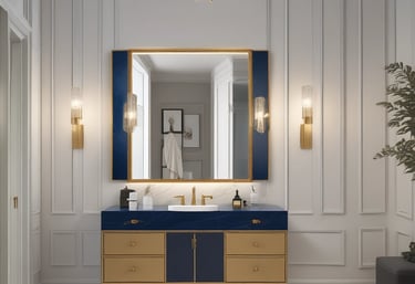 Luxury bathroom vanity with blue marble top, gold accents, and elegant wall sconces.