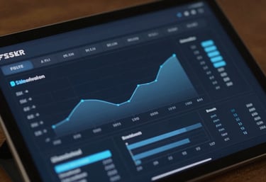A close-up of a tablet screen showing a clean, sophisticated data dashboard with dark navy and slate blue charts.