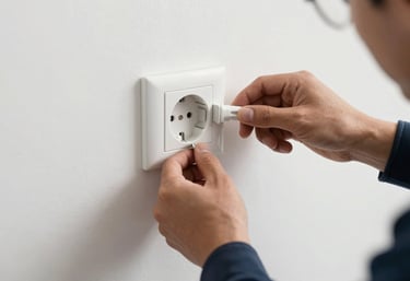 Hands of an electrician connecting a new modern power socket on a clean white wall in a modern European / Spanish home.