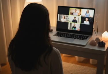 Donna seduta su tappeto che guida altre persone in meditazione in videochiamata
