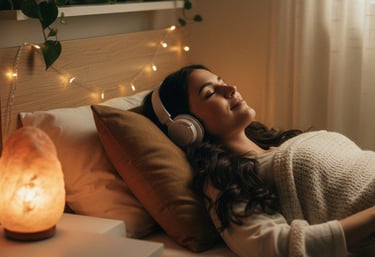 Donna mora riccia distesa su letto che ascolta musica con cuffie