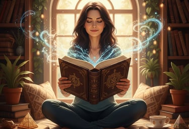 Donna seduta a gambe incrociate che legge il libro dei registri akashici