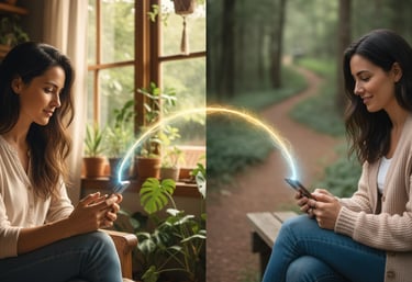 Due donne in luoghi diversi si scambiano messaggi sul telefono, con filo energetico di connessione