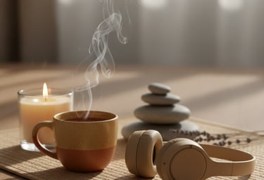 una tazza di tè fumante accanto a un paio di cuffie e a una candela poggiate delicatamente su un tappetino da meditazione