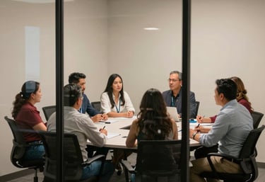 A view through a glass partition of a North American / Mexican team in a collaborative meeting, showing a clean office space with neutral colors and a professional atmosphere.
