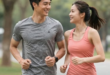 Um jovem casal asiático sorridente correndo juntos em um parque para exercícios ao ar livre e saúde 