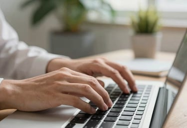 A close-up of a person's hands typing on a high-end laptop keyboard in a bright, modern North American / US workspace. Blurred background showing green plants.
