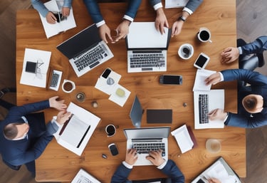 A creative workspace with a laptop, notes, and coffee, showing a brainstorming session in action.