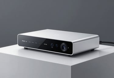 Clean, studio-lit photography of a modern digital device on a frost white pedestal, emphasizing sleek lines.