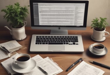 A cozy workspace with a laptop, financial charts, and a steaming cup of coffee on a wooden desk.