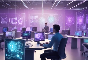 A friendly team collaborating around a laptop with AI and digital marketing visuals on screen.