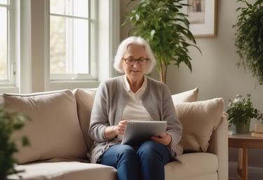 An adult using a tablet in a bright, modern home setting.