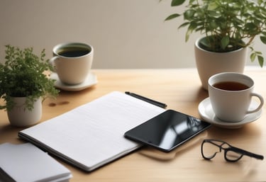 Close-up of hands navigating a smartphone on a clean desk.