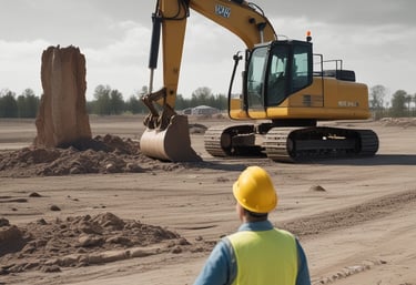Construction site worker in a safety vest watching a yellow excavator dig soil at a land development project.