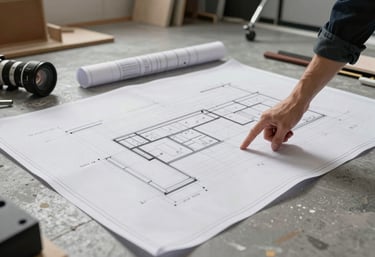 A professional wide-angle shot of a film studio floor with a large blueprint laid out on the ground, surrounded by construction materials. A figure is pointing at a detail. The tone is artistic and technical.