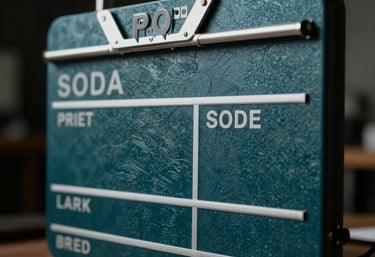 A professional artistic photograph of a film set with a focus on deep teal colored textures and silver metallic highlights. The lighting is cinematic, showcasing the professional quality of the design.