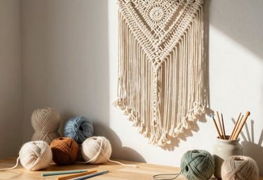A cozy workspace with soft yarns, crochet hooks, and a half-finished macrame wall hanging bathed in warm natural light.